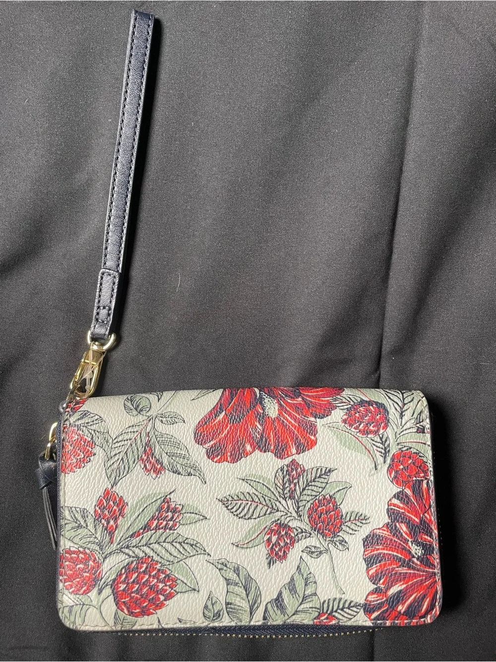 Tory Burch Cream Floral Leather Wristlet with Red Print